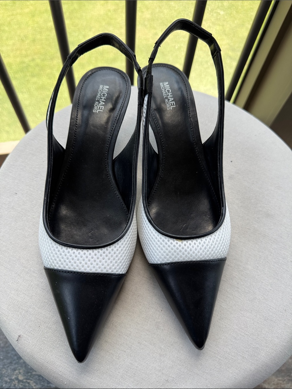 MICHAEL Michael Kors Black and White Pointed Slingback Heels